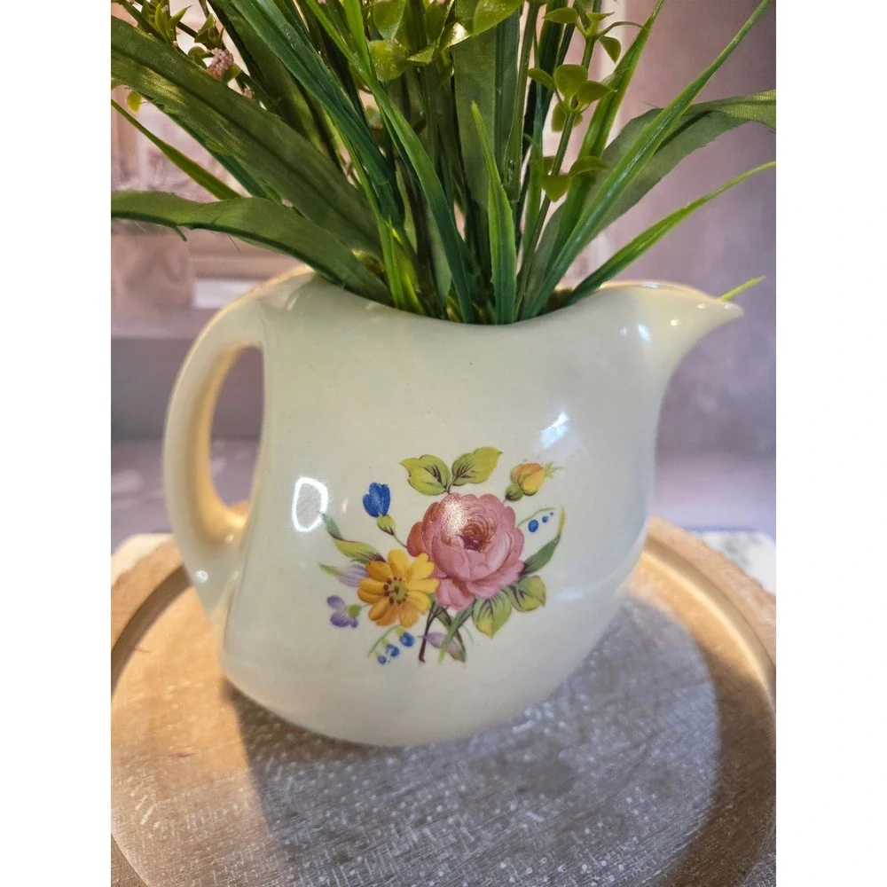 Vintage Floral water jug‎ Cream Color USA Ceramic Rose Flower Decor Farmhouse